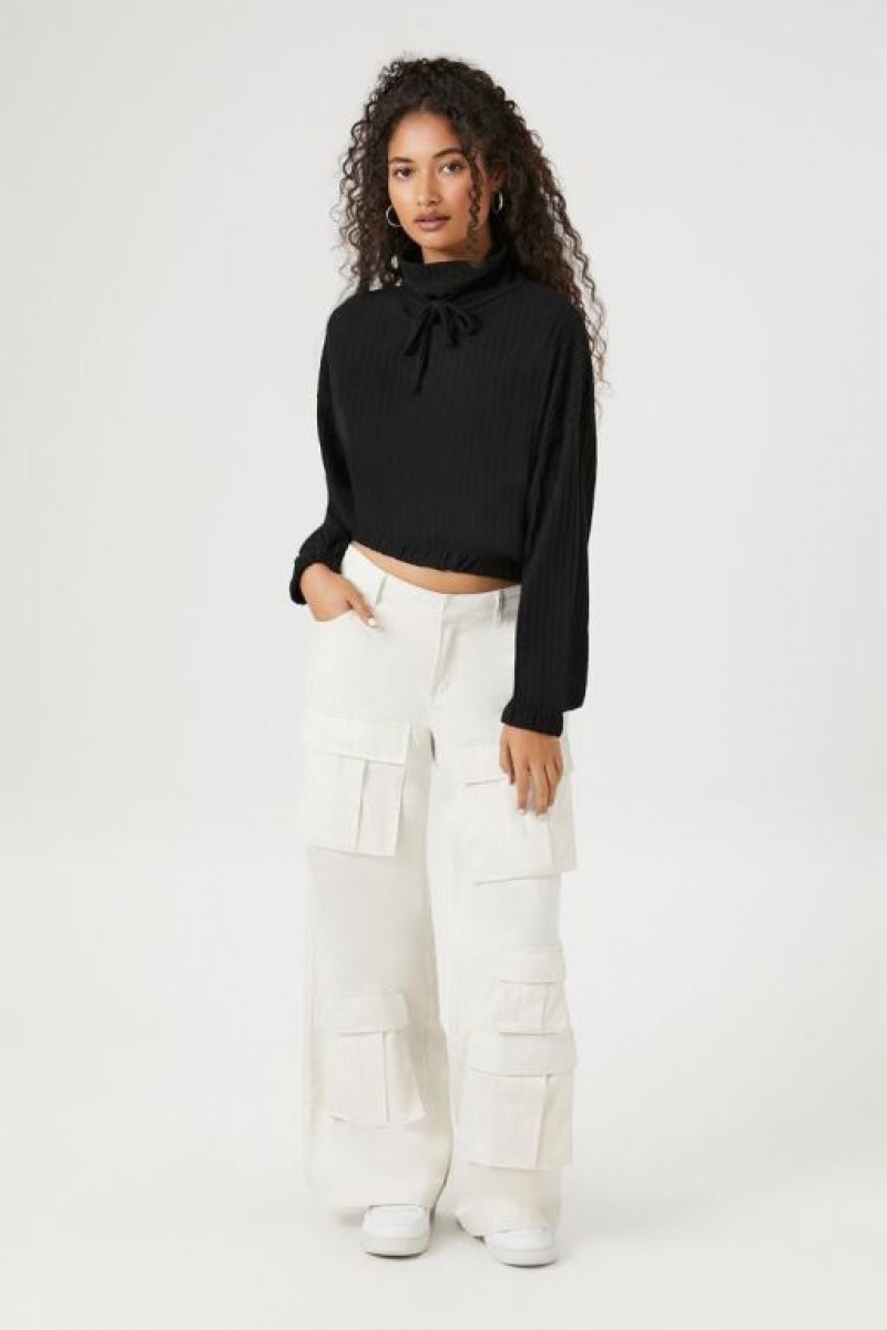 Sudaderas Forever 21 Drawstring Turtleneck Crop Mujer Negras | rEK35AOOitQ