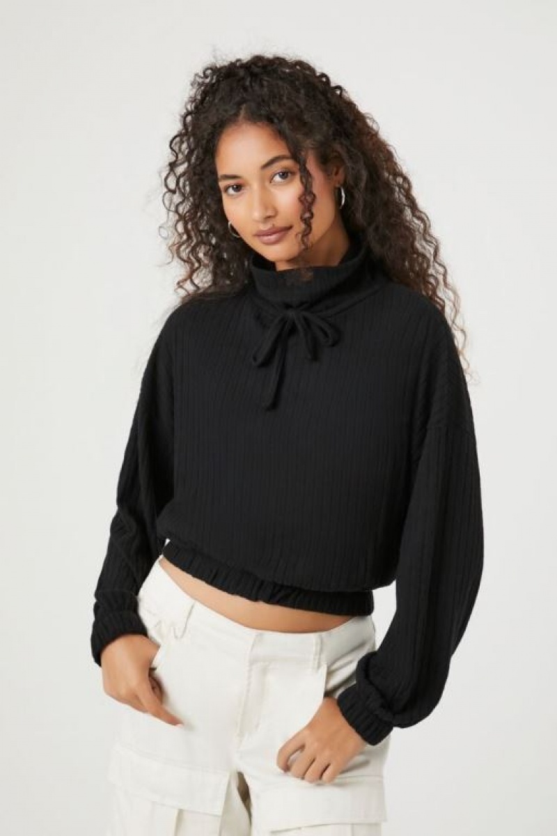 Sudaderas Forever 21 Drawstring Turtleneck Crop Mujer Negras | rEK35AOOitQ