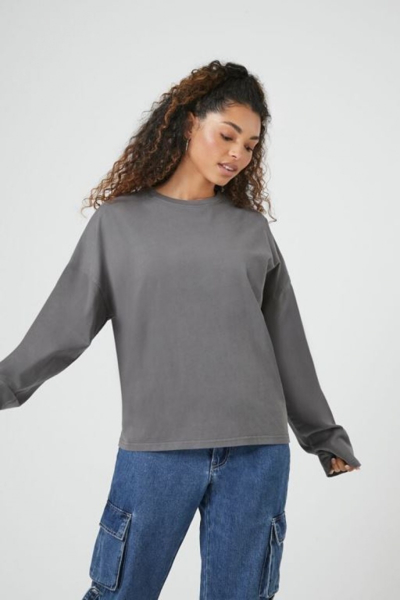 Sudaderas Forever 21 Drop Sleeve Crew Mujer Gris | rTJRodxnnKp