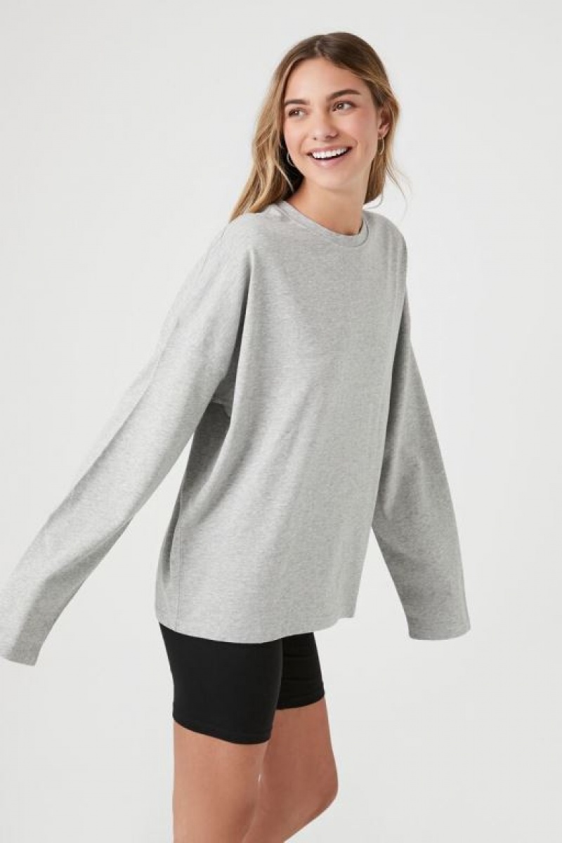 Sudaderas Forever 21 Drop Sleeve Crew Mujer Gris | dmKhNA5qK7X