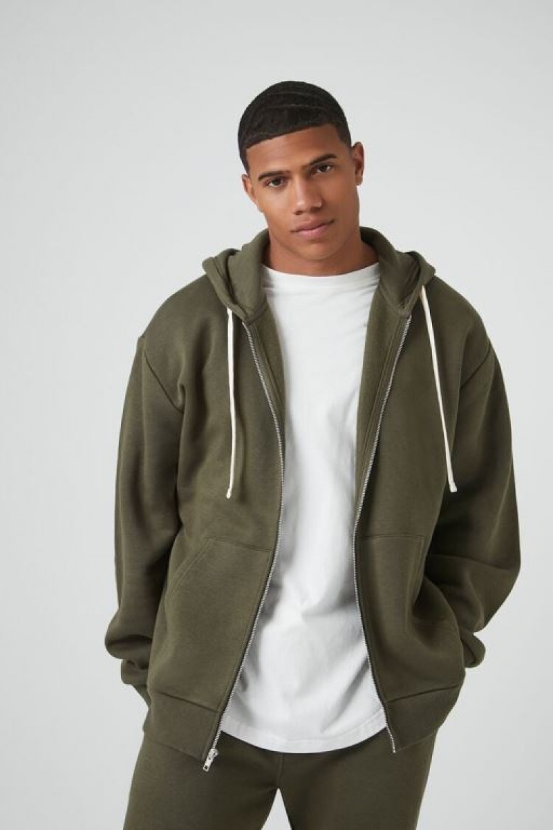 Sudaderas Forever 21 Drop Sleeve Zip Up Hombre Verde Oliva | 6085sQhulKL