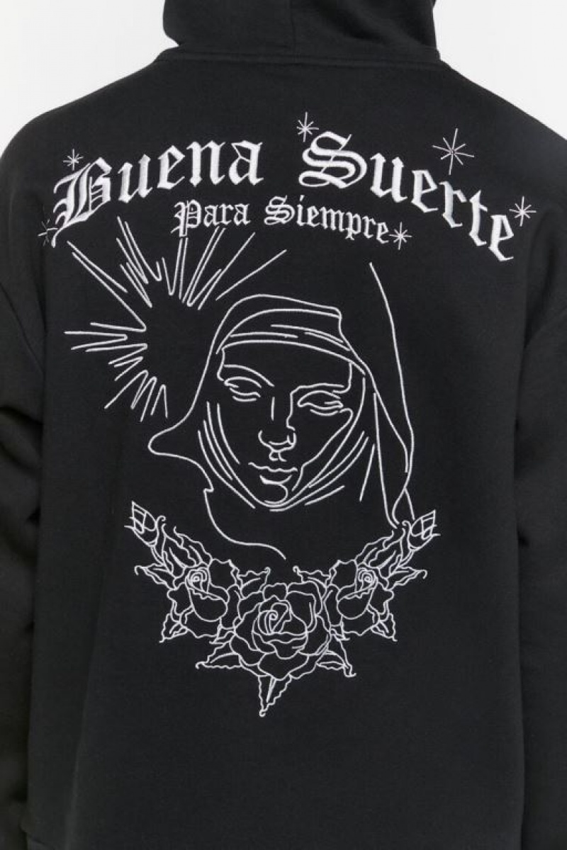 Sudaderas Forever 21 Embroidered Buena Suerte Hombre Negras Multicolor | of7UNiez560