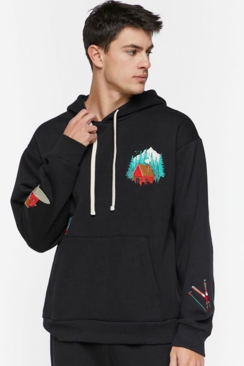 Sudaderas Forever 21 Embroidered Cabin Hombre Negras Multicolor | JeZSvykXkNj