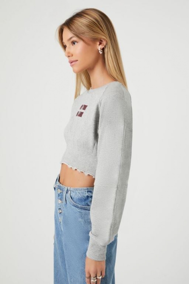 Sudaderas Forever 21 Embroidered New York Crop Mujer Gris Multicolor | aE23kz7FSpd