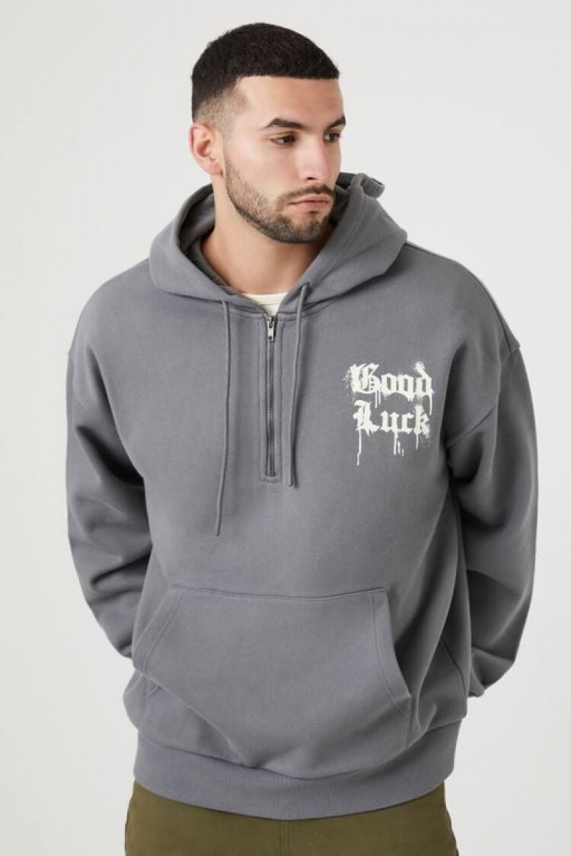 Sudaderas Forever 21 Good Luck Half Zip Hombre Gris Creme | RxmFYApABtc