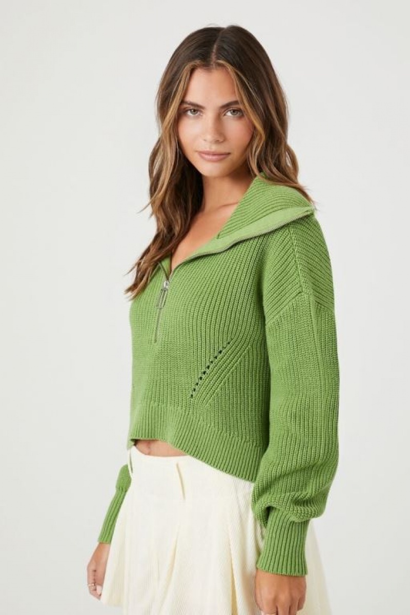 Sudaderas Forever 21 Half Zip Acanalado Mujer Verde | IwDUxBVo23s