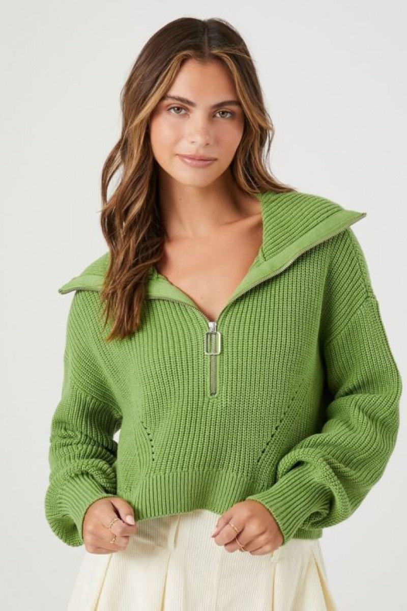 Sudaderas Forever 21 Half Zip Acanalado Mujer Verde | IwDUxBVo23s