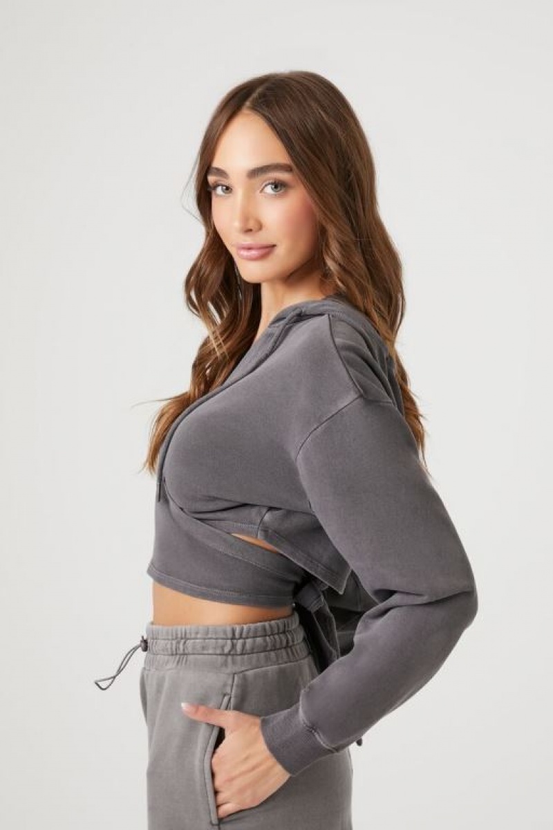 Sudaderas Forever 21 Hooded Wrap Crop Mujer Gris Oscuro | razm9fWQb9D