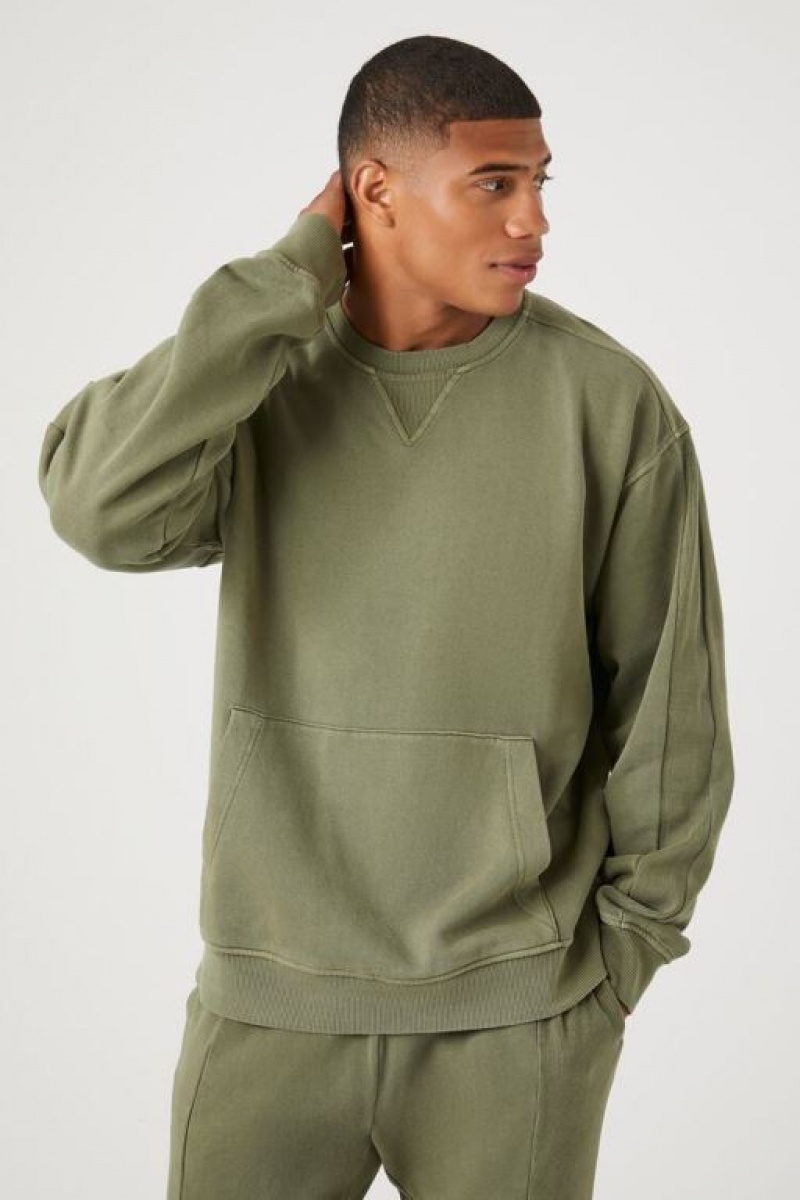 Sudaderas Forever 21 Mineral Wash V Notch Drop Sleeve Hombre Verde Oliva | KLLuDkJfLy2