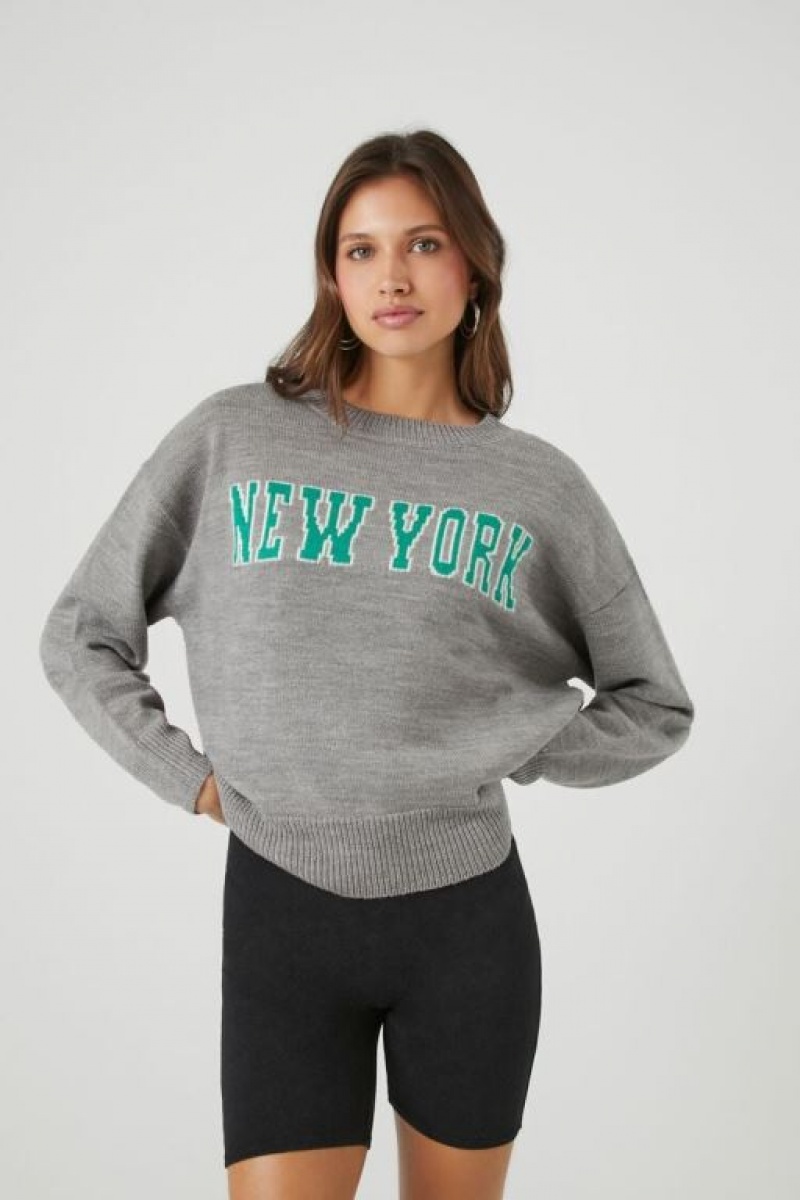 Sudaderas Forever 21 New York Drop Sleeve Mujer Gris Multicolor | CsVfaxij1QT