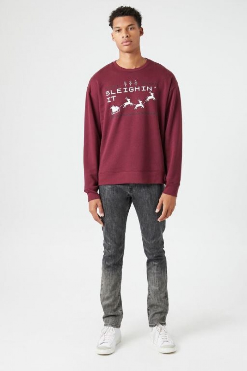 Sudaderas Forever 21 Sleighin It Estampadas Hombre Burdeos Multicolor | nUuOhFPIMhT