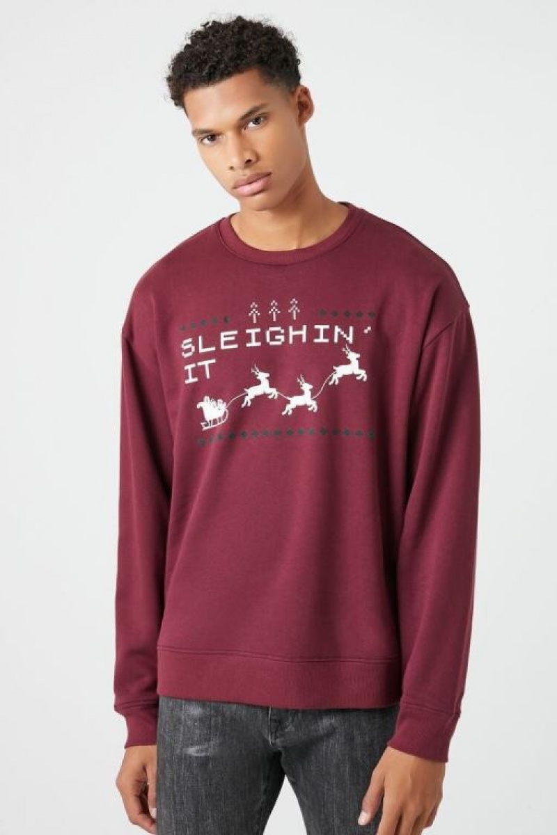 Sudaderas Forever 21 Sleighin It Estampadas Hombre Burdeos Multicolor | nUuOhFPIMhT