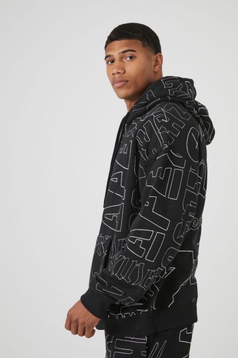 Sudaderas Forever 21 Stitched Embroidered Hombre Negras Creme | gYNPvAoIASr