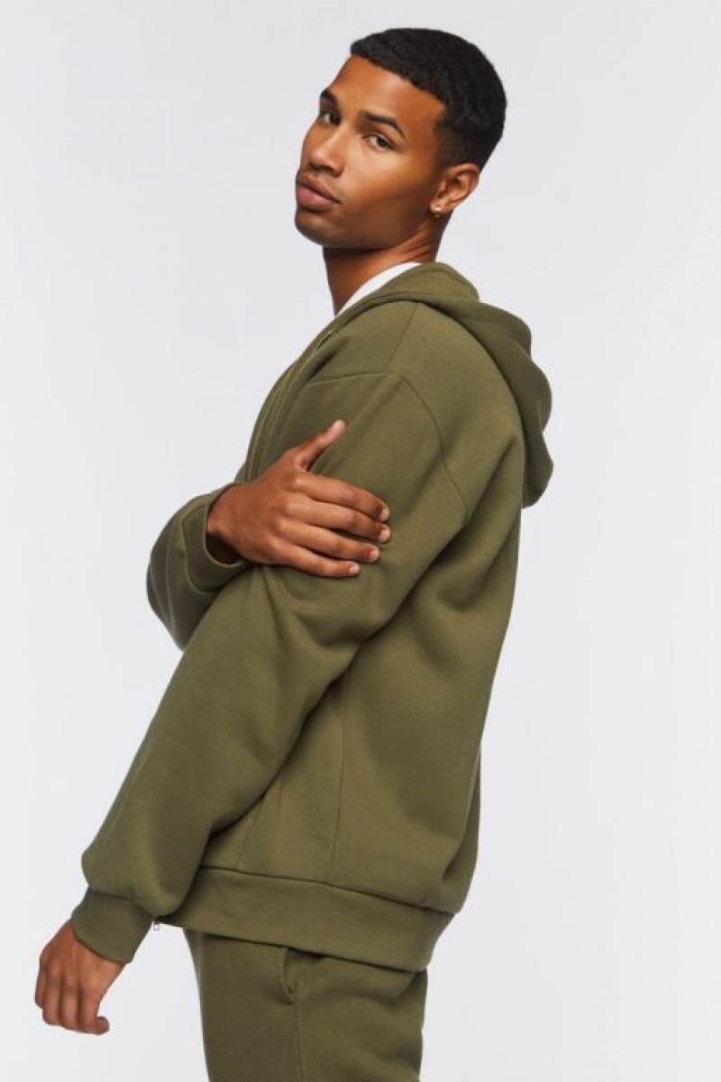 Sudaderas Forever 21 Zip Up Drawstring Hombre Verde Oliva | 6lVrCBc7U0b