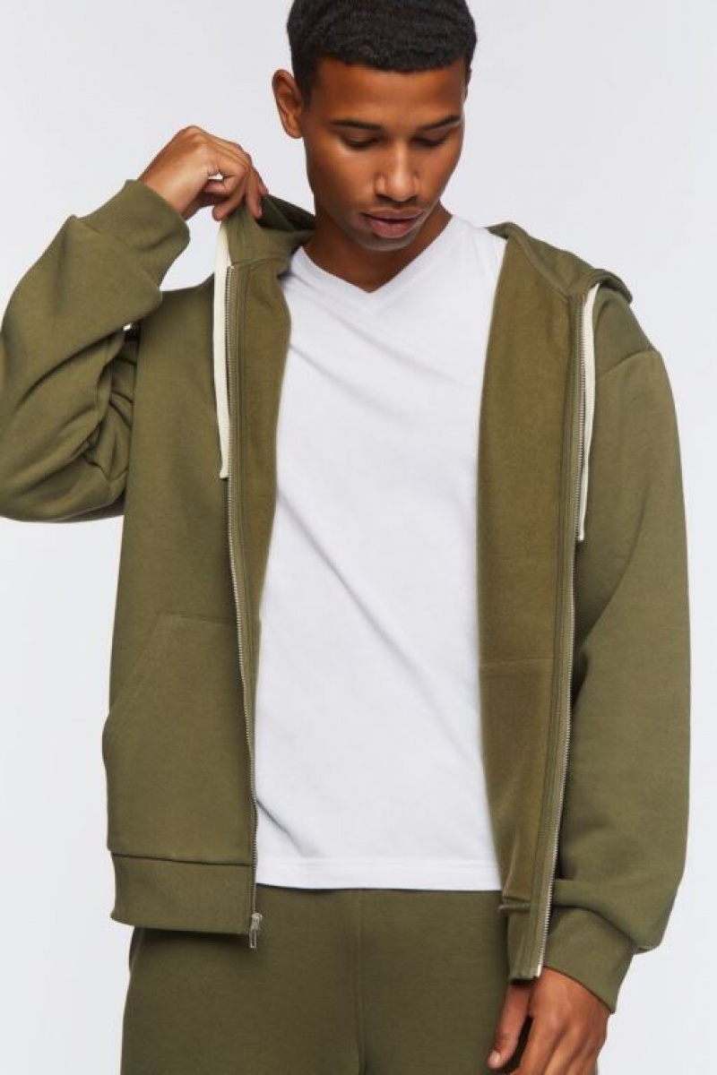 Sudaderas Forever 21 Zip Up Drawstring Hombre Verde Oliva | 6lVrCBc7U0b