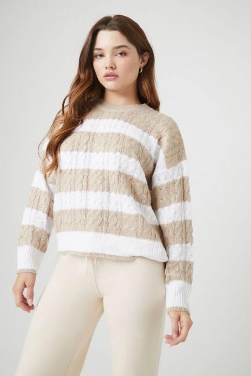 Suéteres Forever 21 A Rayas Cable Knit Mujer Marrones Blancas | ucnm3vwdByu