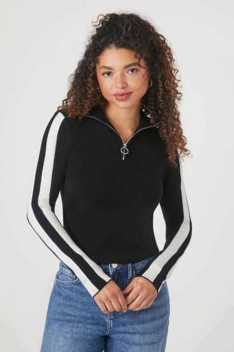 Suéteres Forever 21 A Rayas Half Zip Mujer Negras Creme | KVe9t7Az1ae