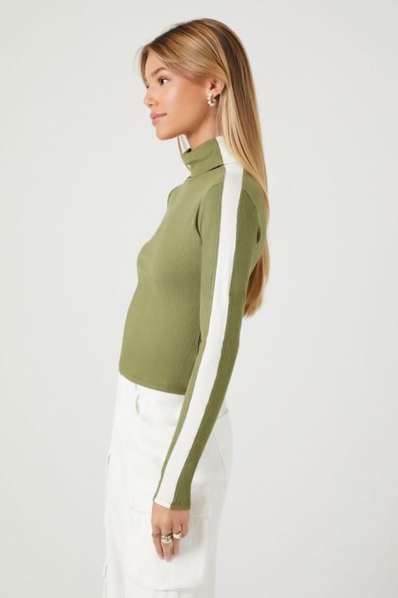 Suéteres Forever 21 A Rayas Trim Turtleneck Mujer Verde Oliva Blancas | tPvWXUj5ehE