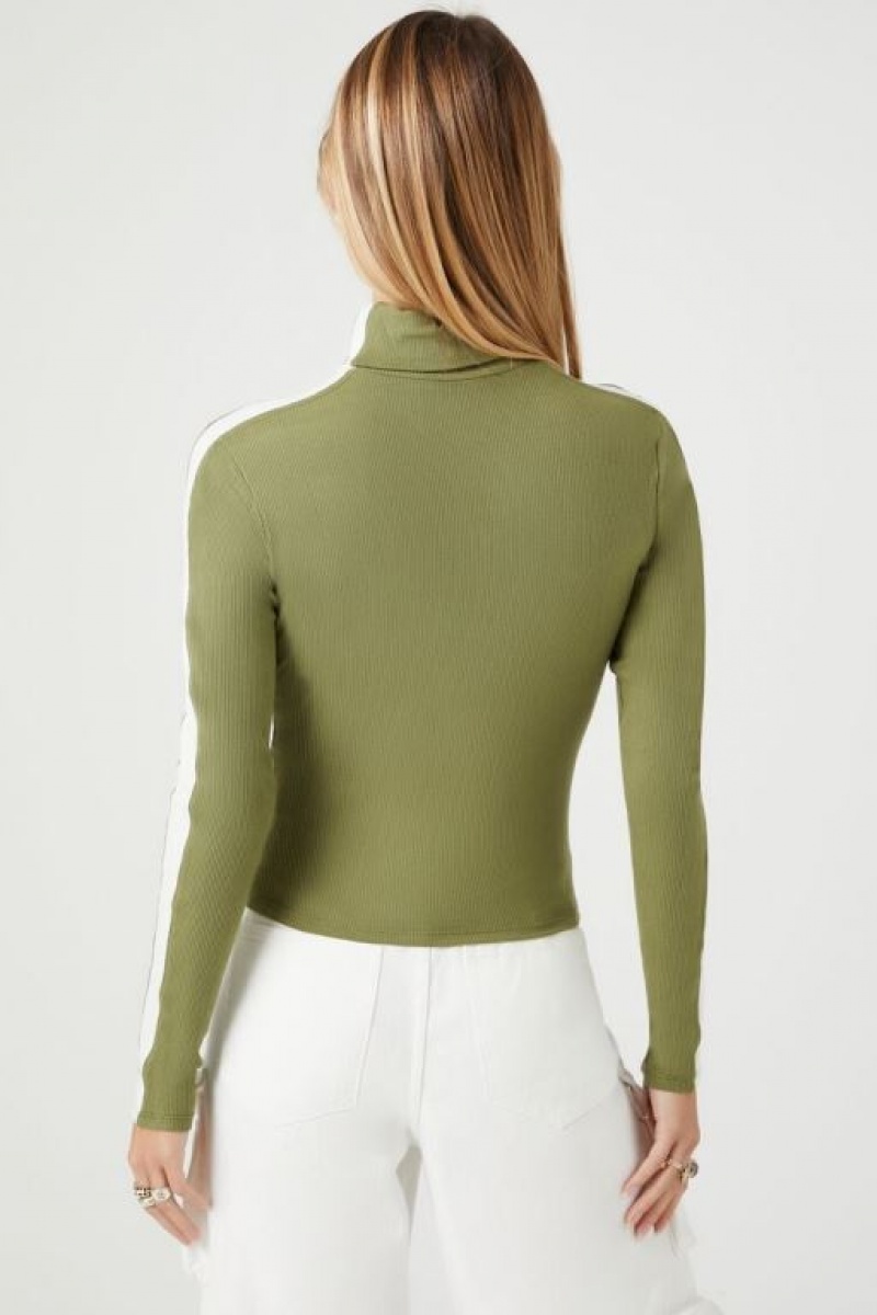 Suéteres Forever 21 A Rayas Trim Turtleneck Mujer Verde Oliva Blancas | tPvWXUj5ehE