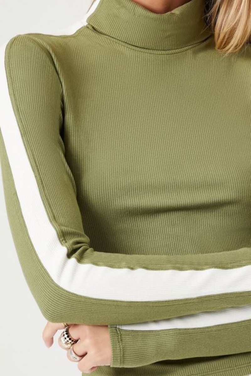 Suéteres Forever 21 A Rayas Trim Turtleneck Mujer Verde Oliva Blancas | tPvWXUj5ehE