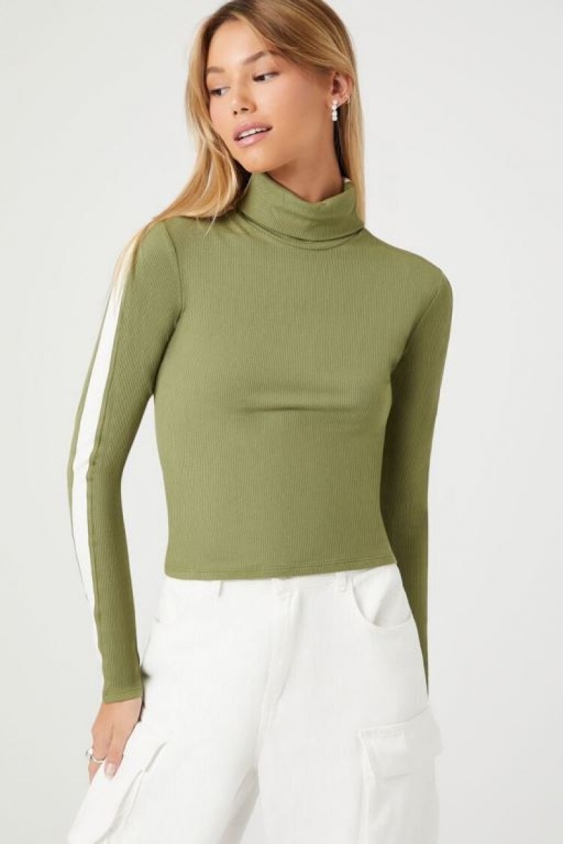 Suéteres Forever 21 A Rayas Trim Turtleneck Mujer Verde Oliva Blancas | tPvWXUj5ehE