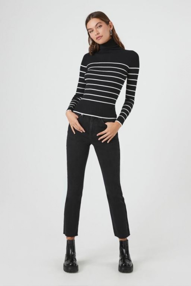 Suéteres Forever 21 A Rayas Turtleneck Mujer Negras Blancas | r4jeiGRZIXU