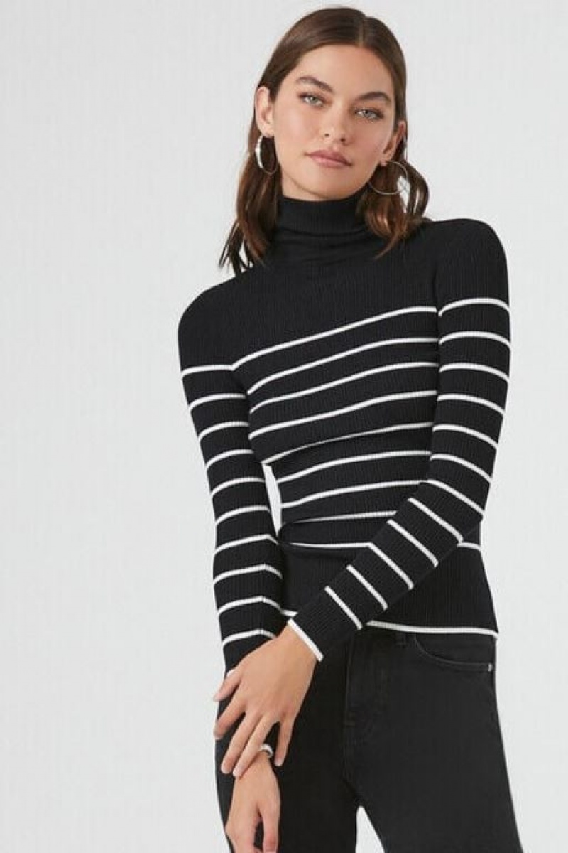 Suéteres Forever 21 A Rayas Turtleneck Mujer Negras Blancas | r4jeiGRZIXU