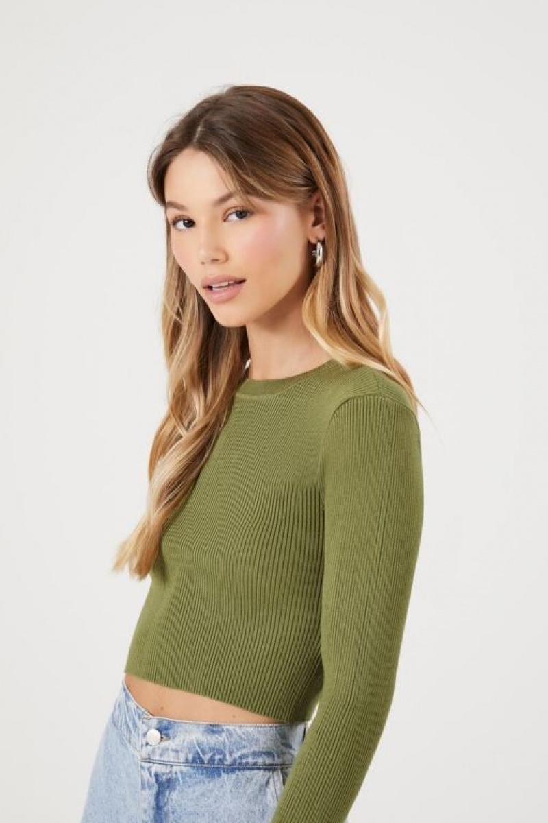 Suéteres Forever 21 Acanalado Knit Crop Mujer Verde Oliva | pOn5ezxysDn