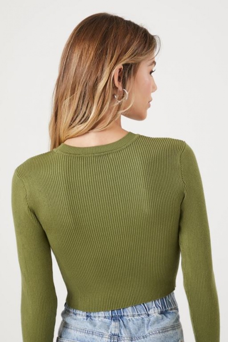 Suéteres Forever 21 Acanalado Knit Crop Mujer Verde Oliva | pOn5ezxysDn