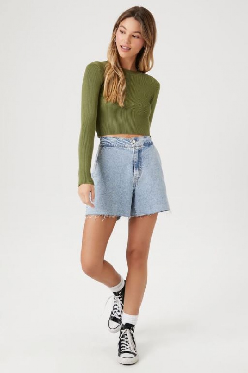 Suéteres Forever 21 Acanalado Knit Crop Mujer Verde Oliva | pOn5ezxysDn