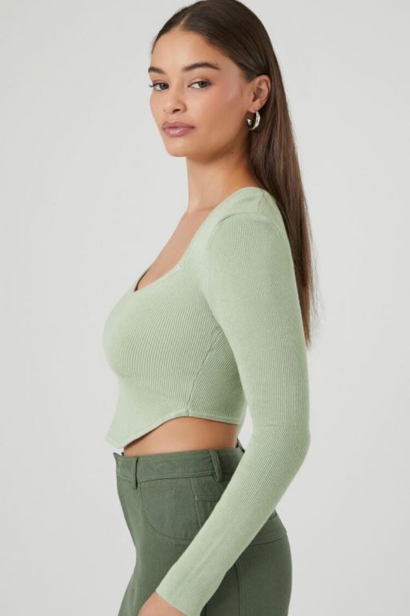 Suéteres Forever 21 Acanalado Knit Crop Mujer Celadon | rhox1CSIhGE