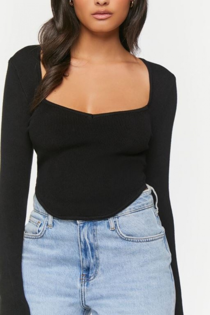 Suéteres Forever 21 Acanalado Knit Crop Mujer Negras | VztHNh2GhA5