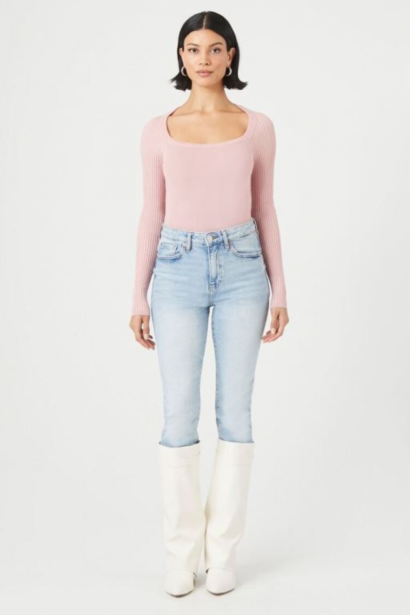 Suéteres Forever 21 Acanalado Knit Long Sleeve Bodysuit Mujer Moradas | VSErqvwdErf