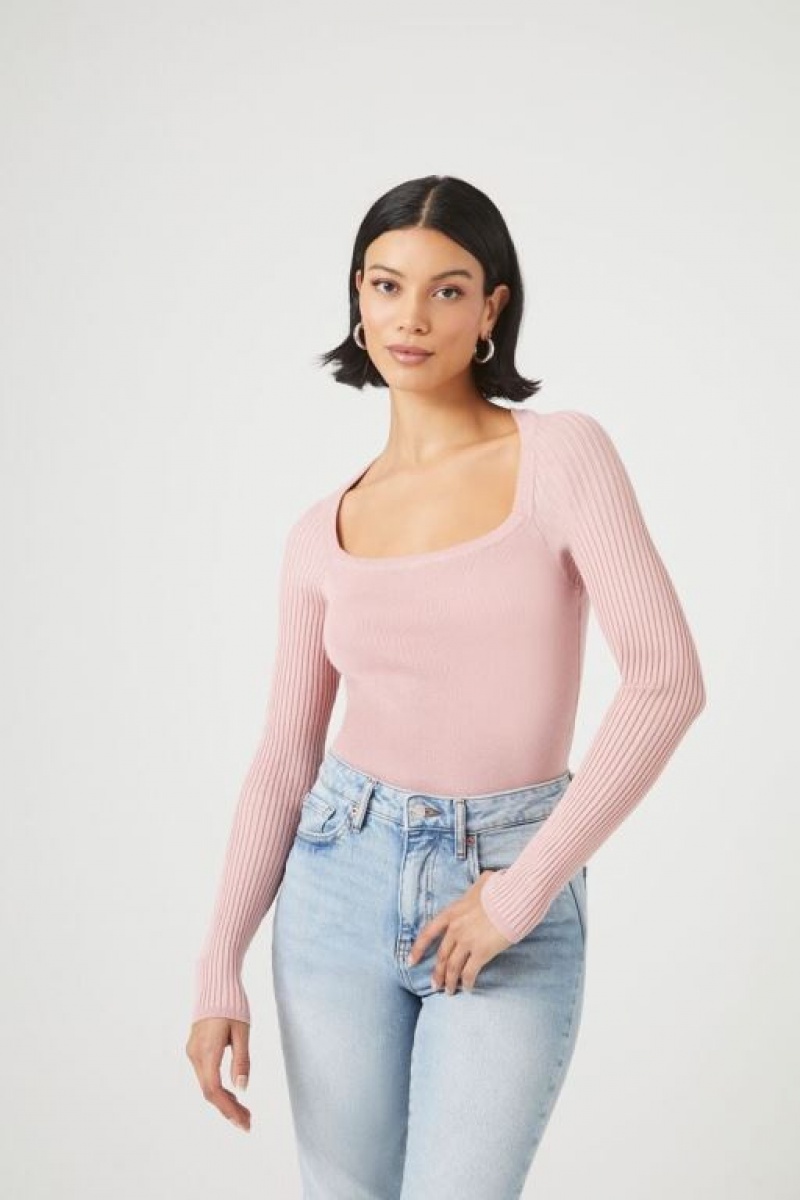 Suéteres Forever 21 Acanalado Knit Long Sleeve Bodysuit Mujer Moradas | VSErqvwdErf