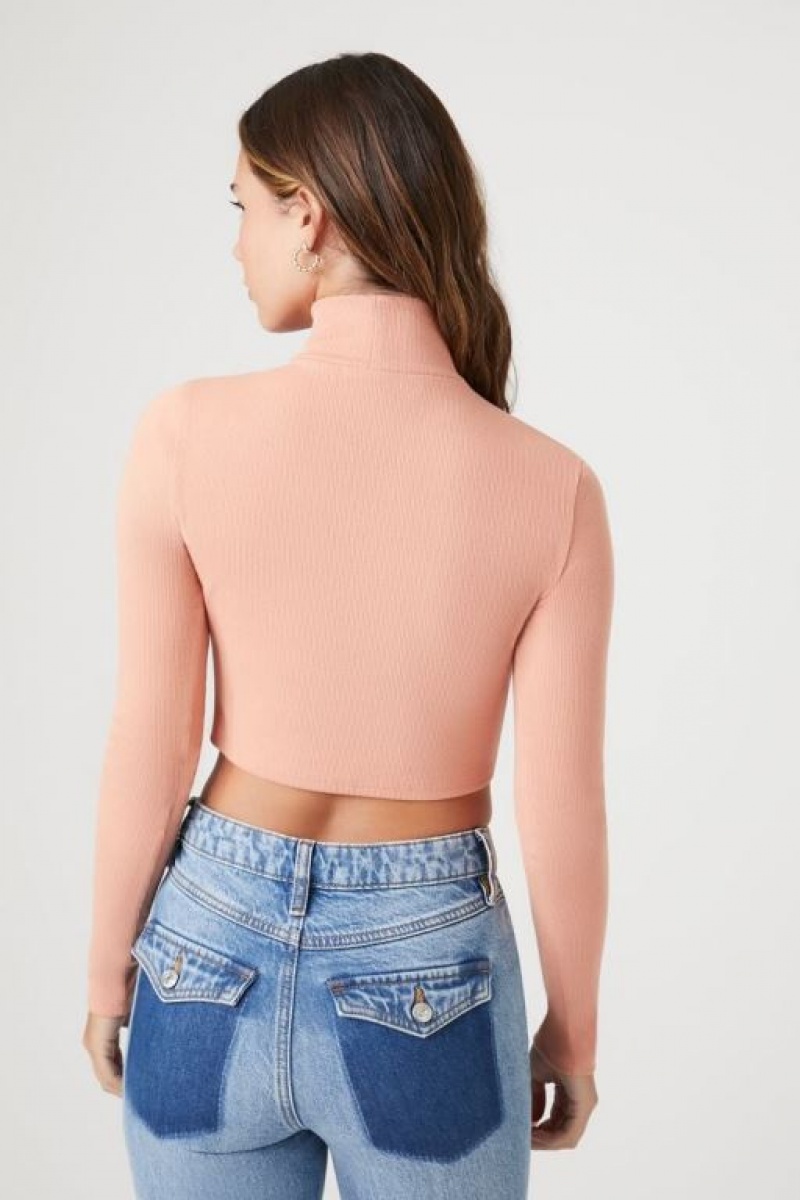 Suéteres Forever 21 Acanalado Knit Turtleneck Crop Mujer Almond | 4mejeFSO7ES