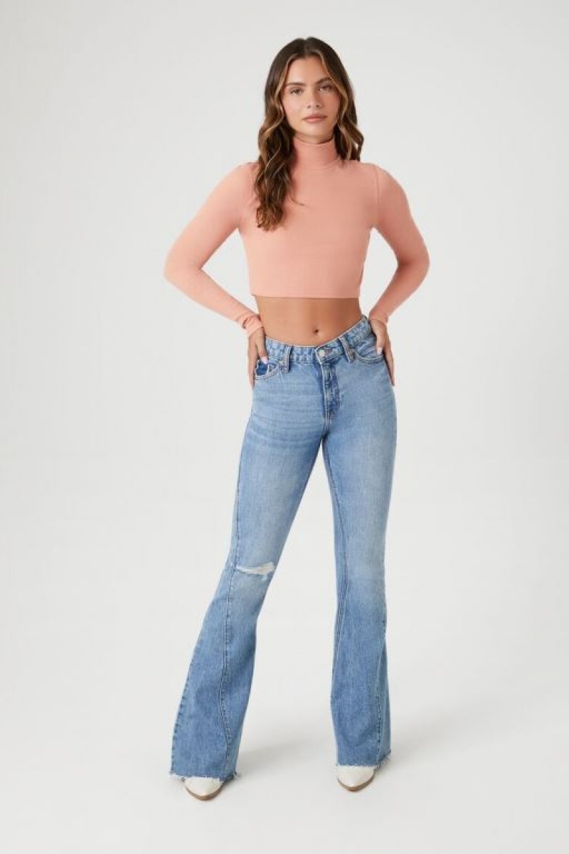 Suéteres Forever 21 Acanalado Knit Turtleneck Crop Mujer Almond | 4mejeFSO7ES