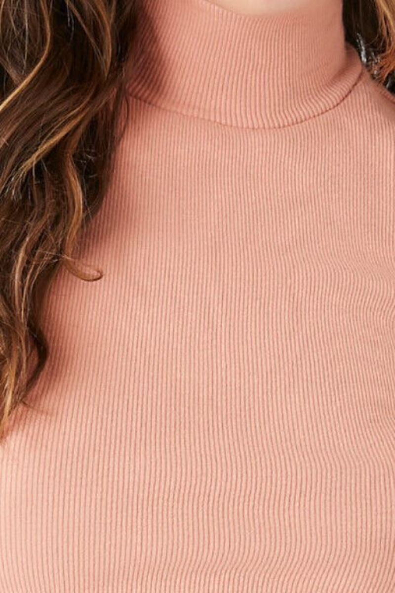 Suéteres Forever 21 Acanalado Knit Turtleneck Crop Mujer Almond | 4mejeFSO7ES