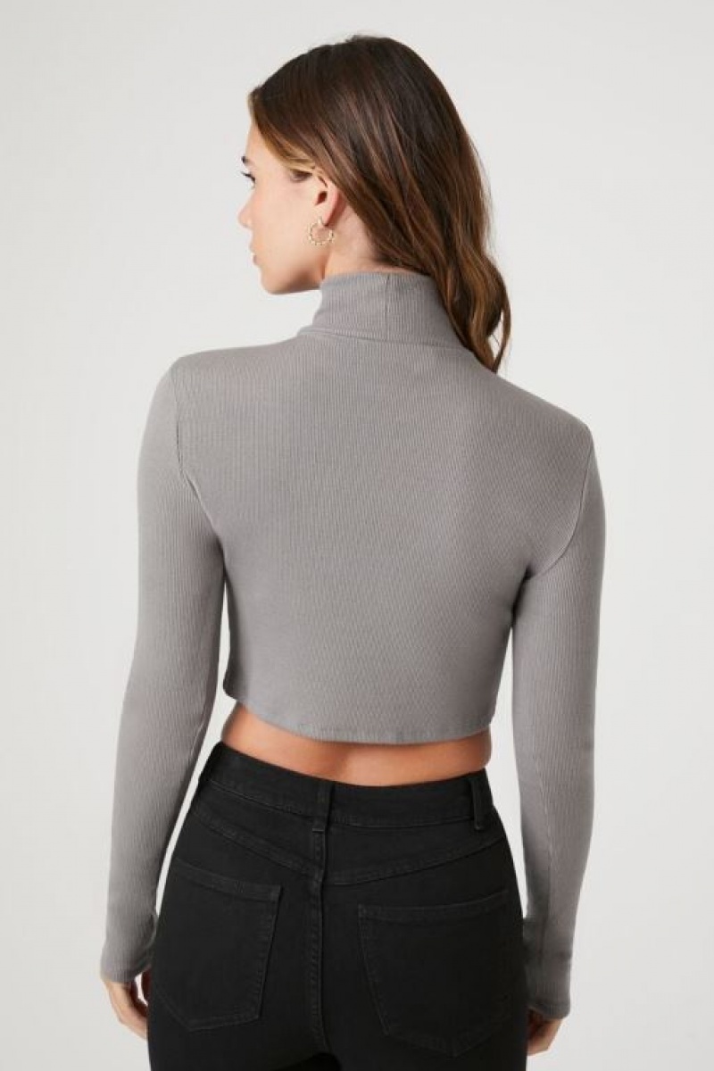 Suéteres Forever 21 Acanalado Knit Turtleneck Crop Mujer Gris Oscuro | 8sERWr3xdBi