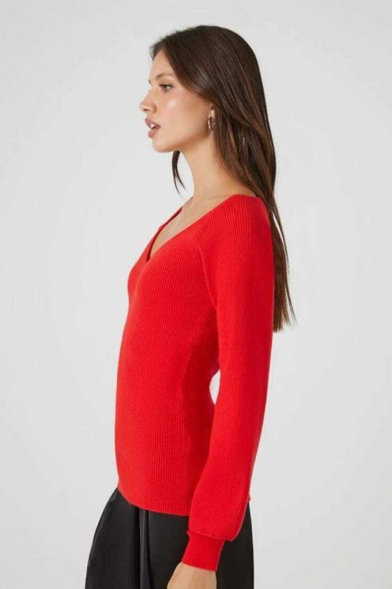 Suéteres Forever 21 Acanalado Knit V Neck Mujer Rojas | SKLsewx8a23