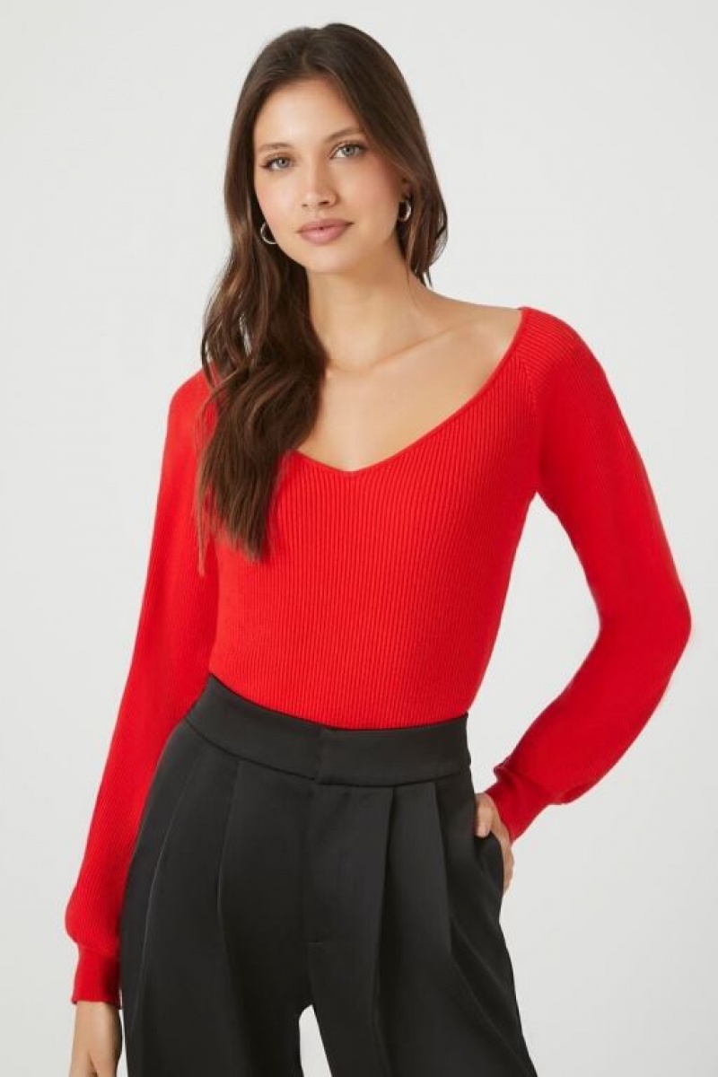 Suéteres Forever 21 Acanalado Knit V Neck Mujer Rojas | SKLsewx8a23