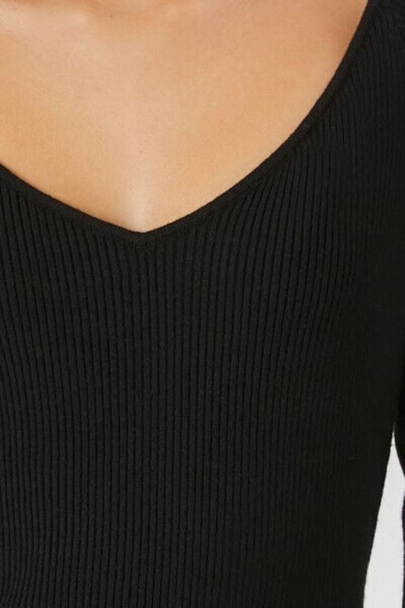 Suéteres Forever 21 Acanalado Knit V Neck Mujer Negras | 7Xq1nZ9PnGA