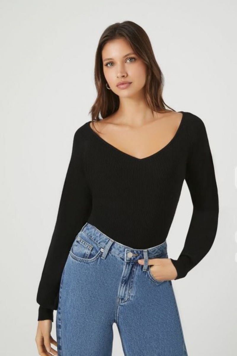 Suéteres Forever 21 Acanalado Knit V Neck Mujer Negras | 7Xq1nZ9PnGA