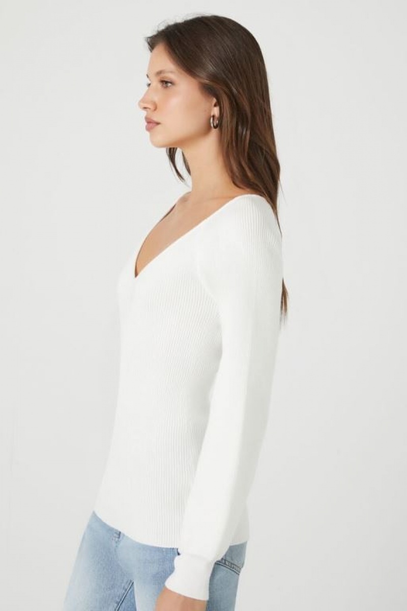 Suéteres Forever 21 Acanalado Knit V Neck Mujer Blancas | kJjcJIt4wYp