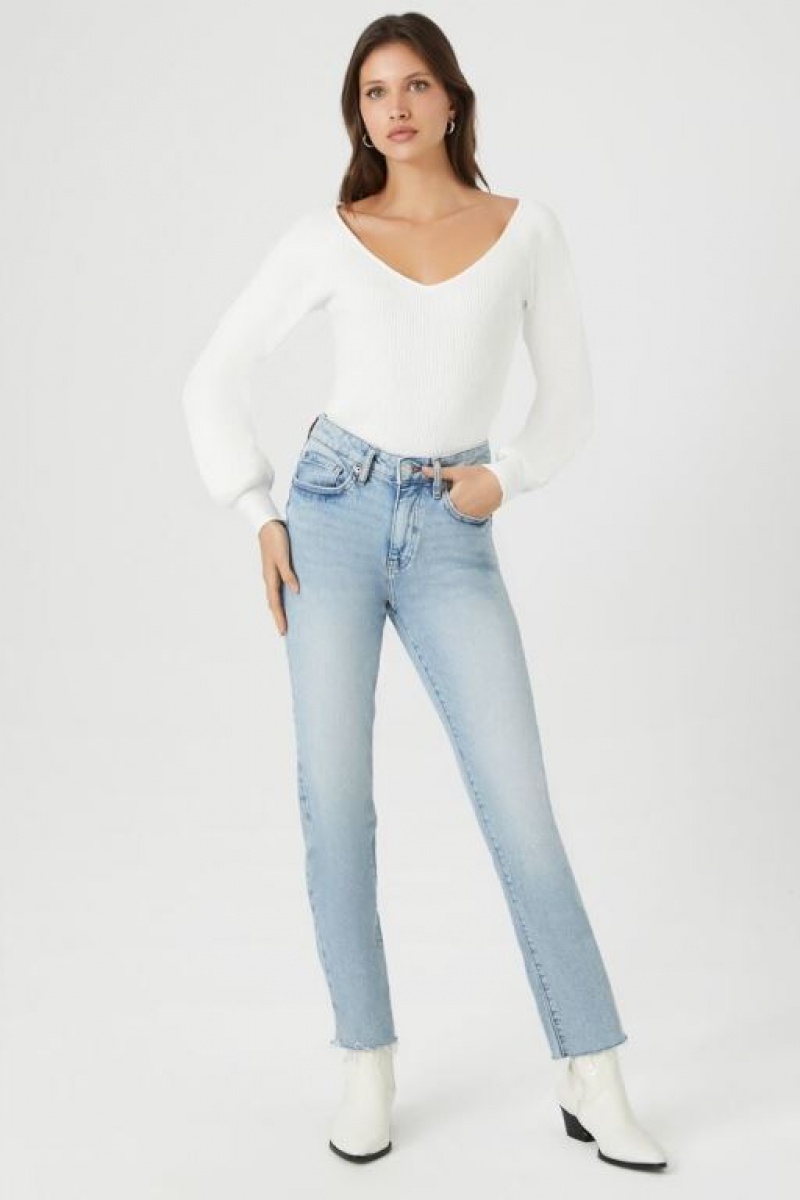 Suéteres Forever 21 Acanalado Knit V Neck Mujer Blancas | kJjcJIt4wYp