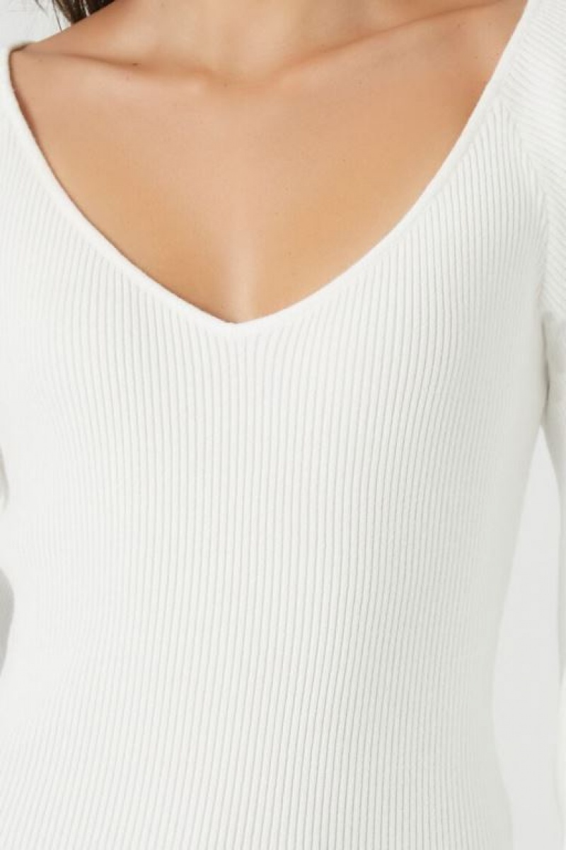 Suéteres Forever 21 Acanalado Knit V Neck Mujer Blancas | kJjcJIt4wYp