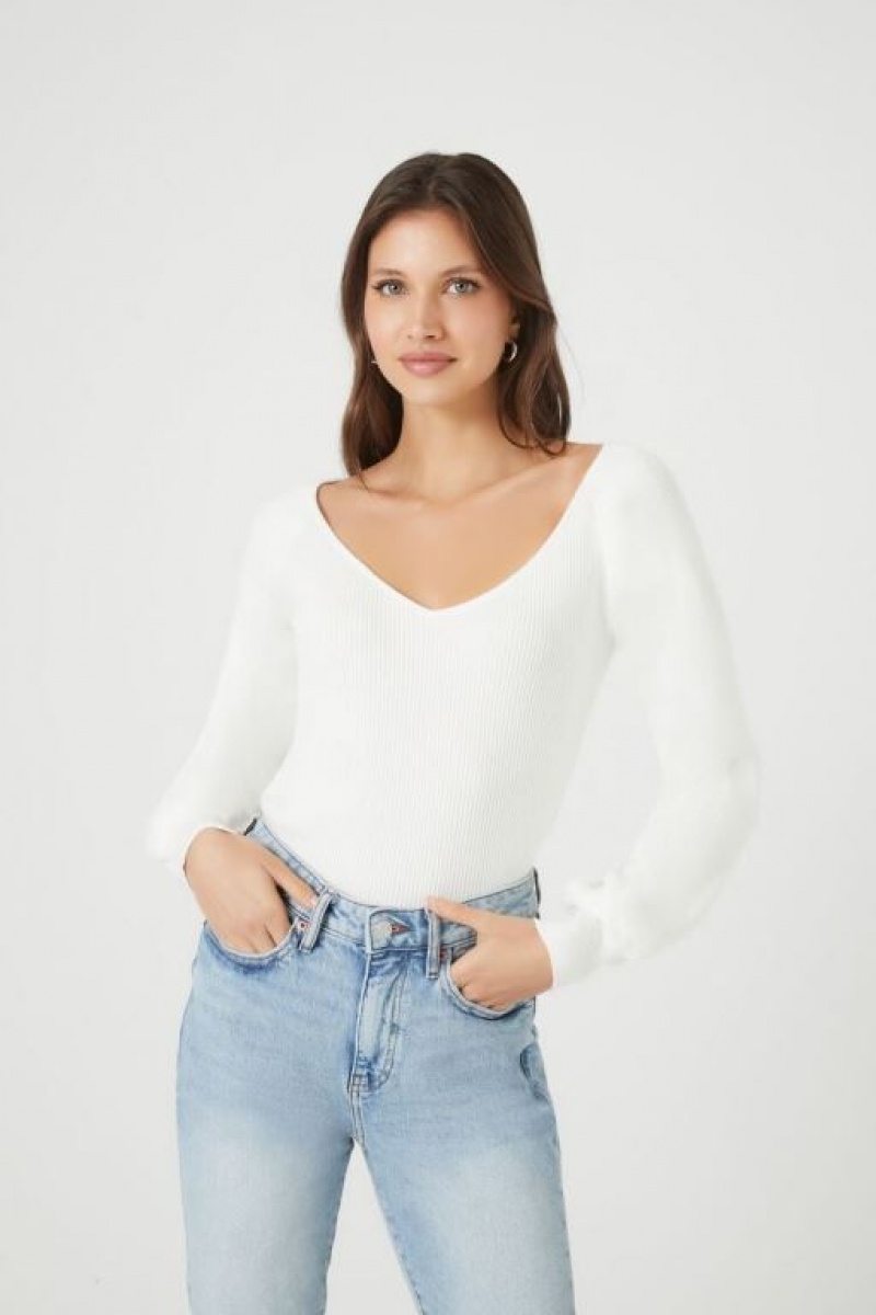 Suéteres Forever 21 Acanalado Knit V Neck Mujer Blancas | kJjcJIt4wYp