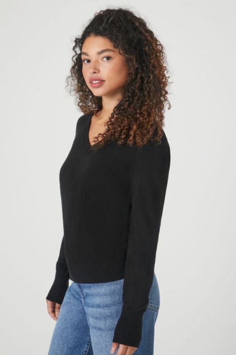 Suéteres Forever 21 Acanalado V Neck Mujer Negras | 7NL3deVe5Fx