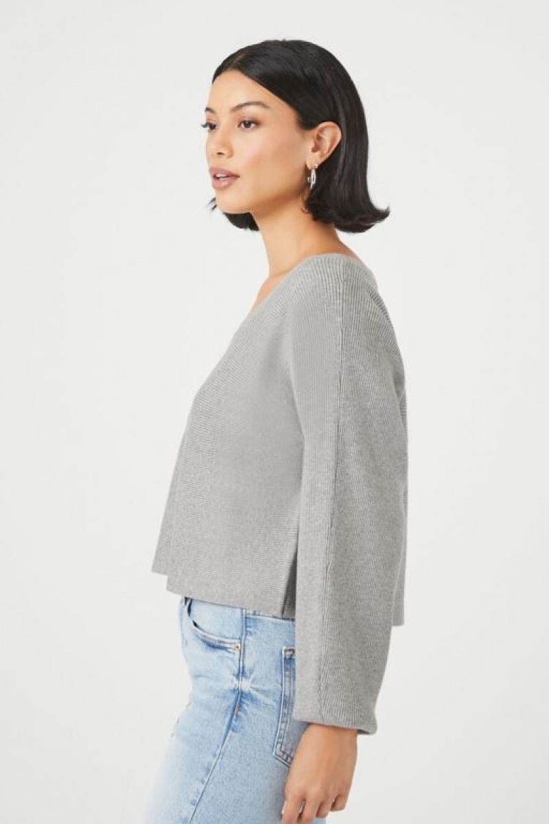 Suéteres Forever 21 Acanalado V Neck Mujer Gris | 44oYEJl8MhZ