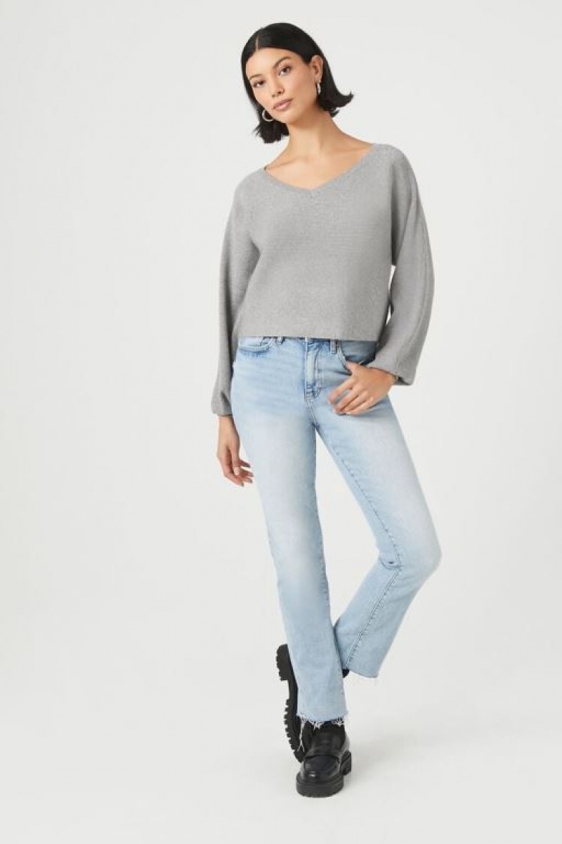 Suéteres Forever 21 Acanalado V Neck Mujer Gris | 44oYEJl8MhZ