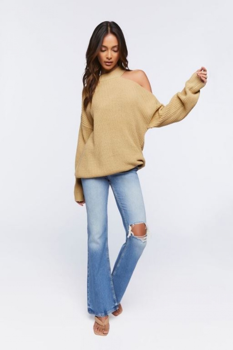 Suéteres Forever 21 Asymmetrical Open Shoulder Mujer Beige | pErthWPdaBE